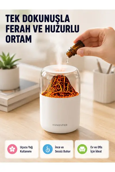 Ultrasonik Alev Efektli Aromaterapi Difüzörü USB Şarjlı ve Otomatik Kapanma Özellikli