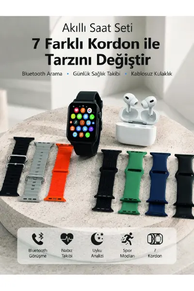 Bluetooth Görüşme Destekli Akıllı Saat Seti Kablosuz Kulaklık, 7 Kordon Ve Çoklu Spor Modu