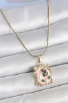 316L Çelik Gold Renk Zincir Pembe Mineli Çiçek İşlemli İnci Detay Portre Model Kadın Kolye-1