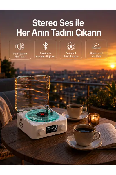 3-1 Kablosuz Bluetooth Hoparlör – Gece Lambalı, Saatli, Retro Tasarım