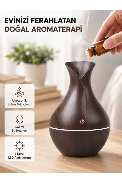 Aromaterapi Difüzör Ahşap Desenli ve Ultrasonik Nemlendirici LED Işıklı