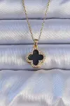 316L Çelik Gold Renk Siyah Mineli Zirkon Taşlı Yonca Figürlü Kolye-1