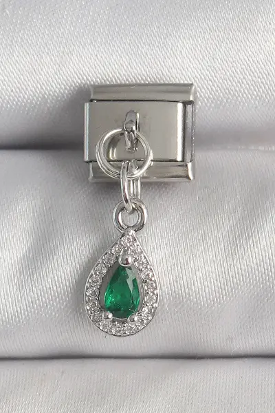 316L Çelik Gümüş Renk Sallantı Yeşil Zirkon Taşlı Damla Model Nomination Charm
