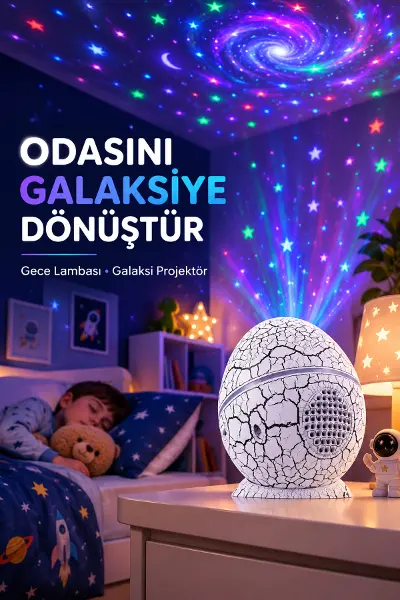 Dinozor Yumurtası Galaksi Projektör Gece Lambası 4'ü 1 Arada – Bluetooth Hoparlörlü
