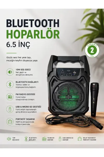 Bluetooth Hoparlör Mikrofonlu Taşınabilir Ses Sistemi FM Radyo USB SD Kart ve TWS Özellikli