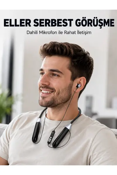 Uzun Kullanım Süreli Bluetooth Kulaklık Boyun Bantlı Mikrofonlu Kablosuz Müzik ve Görüşme Kulaklığı