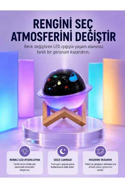 USB ile çalışan projektörlü aromaterapi nemlendirici masaüstü kullanım için uygun