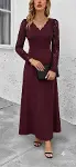 Kadın Uzun Kollu Dalgalı V Yakalı Dantelli Uzun Janjan Krep Elbise-3