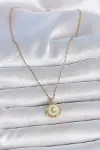 316L Çelik Gold Renk Zincir Beyaz Mineli Hilal İşlemeli Madalyon Model Kadın Kolye-2
