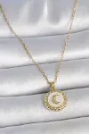 316L Çelik Gold Renk Zincir Beyaz Mineli Hilal İşlemeli Madalyon Model Kadın Kolye-1