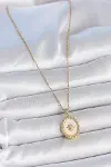 316L Çelik Gold Renk Zincir Beyaz Mineli Kutup Yıldız İşlemeli Madalyon Model Kadın Kolye-2