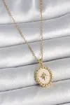 316L Çelik Gold Renk Zincir Beyaz Mineli Kutup Yıldız İşlemeli Madalyon Model Kadın Kolye-1