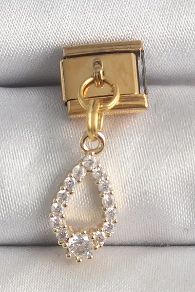 ® 316L Çelik Gold Renk Sallantı Zirkon Taşlı Damla Model Nomination Charm