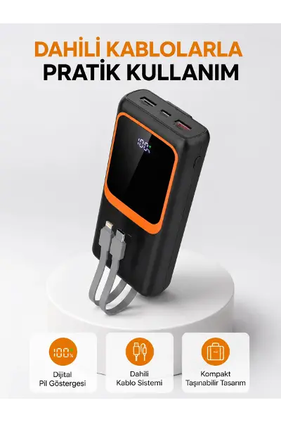 Powerbank 20000 Mah Dijital Ekranlı Ve Çok Kablolu Hızlı Şarj Cihazı