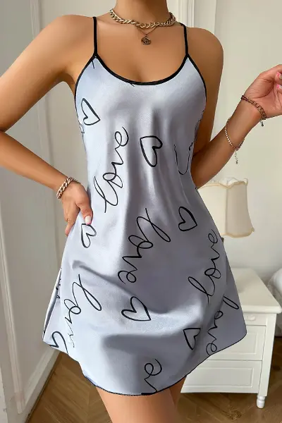 Love Baskılı Gri Saten Gecelik - KARBUL3807-8772