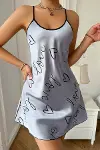Love Baskılı Gri Saten Gecelik - KARBUL3807-8772-1