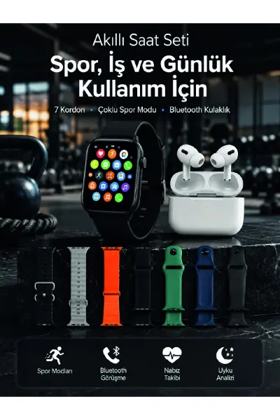 Akıllı Saat, Bluetooth Kulaklık ve 7 Farklı Kordon Tek Kutuda Günlük Kullanım ve Spor İçin