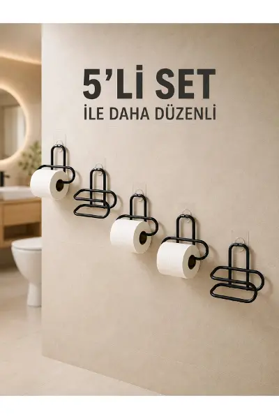Yapışkanlı Tuvalet Kağıdı Askısı Siyah Metal Delmeden Montaj WC Kağıtlık 5 Adet