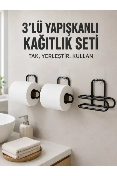 3’lü Siyah Duvar Tipi Kağıtlık Seti Yapışkanlı Pratik Rulo Tutucu