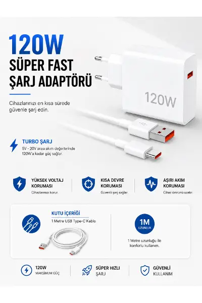 Turbo 120W Hızlı Şarj Cihazı Type-C Kablolu