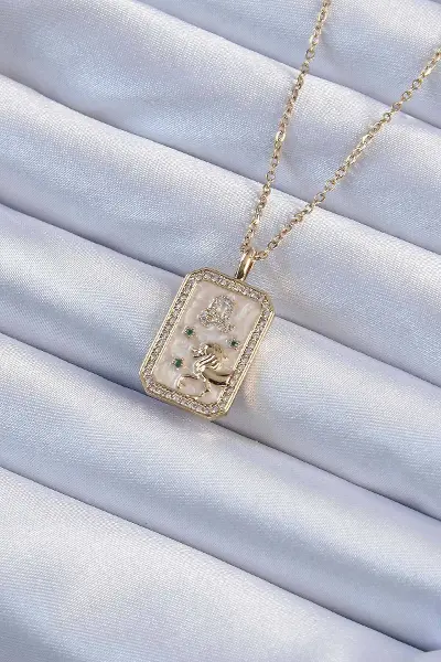 316L Çelik Zincir Gold Renk Zirkon Taşlı Aslan Figürlü Tarot Kolye