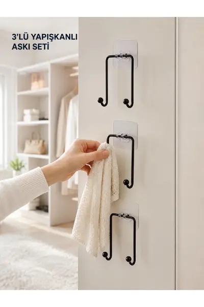 3'lü Duvar Tipi Yapışkanlı Askılık Ev ve Yaşam Alanları İçin Pratik Set