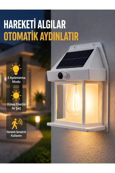 Üç Modlu Güneş Enerjili Duvar Lambası 1800mAh Bataryalı ve Hareket Sensörlü
