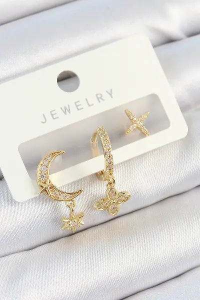 Pirinç Zirkon Taşlı Çiçek Ve Ay Model Gold Renk 3'lü Çift Kadın Küpe Set