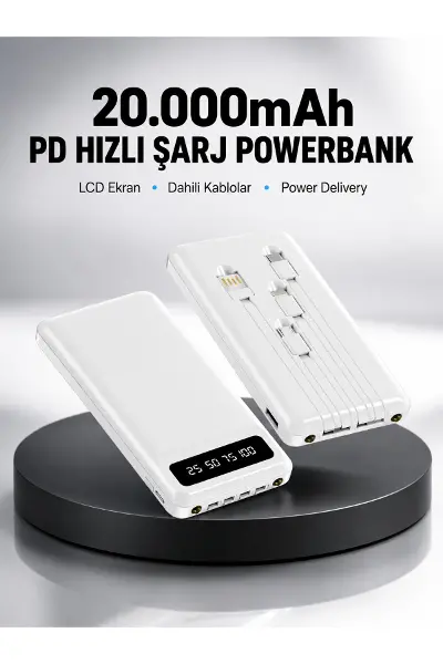 LED Işıklı 20.000mAh Powerbank LCD Gösterge Dahili Çoklu Kablo Yeni Nesil