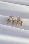 Pirinç Gold Renk Zirkon Taşlı Kalp Model Fiyonk Küpe-2