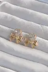 Pirinç Gold Renk Zirkon Taşlı Kalp Model Fiyonk Küpe-1