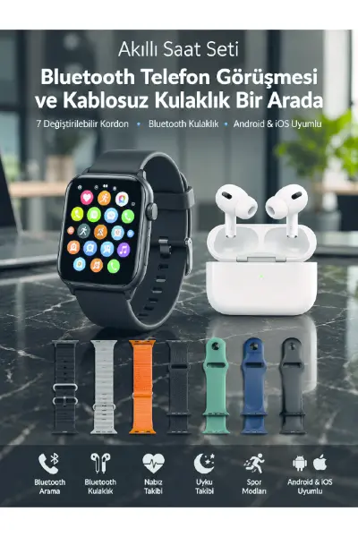 Bluetooth Telefon Görüşmeli Akıllı Saat Seti Kablosuz Bluetooth Kulaklık 7 Değiştirilebilir Kordon