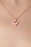 Gold Pembe Renk Kelebek Figür Kadın Kolye-2