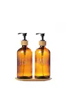 Amber Cam İkili Sıvı Sabunluk Seti 500 ml Bambu Altlıklı-2