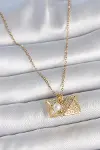 316L Çelik Gold Renk Zincir Zirkon Taşlı Açılır İncili Elmas Model Kadın Kolye-2
