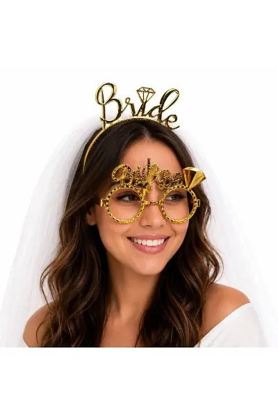 Bride Yazılı Gold Taç Ve Parti Gözlüğü Seti