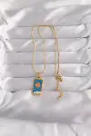 316L Çelik Gold Renk Mavi Mineli Güneş Model Tarot Kolye-1