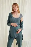 Dantelli Önü Düğmeli Hamile Lohusa 3lü Viskon Pijama Takımı-4
