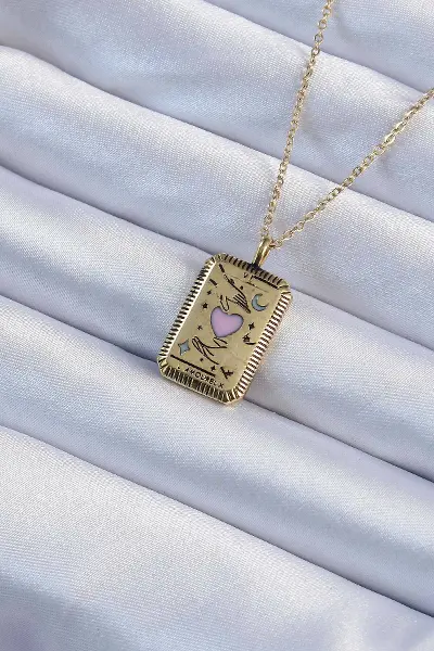 Özel_316L Çelik Zincir Eskitme Gold Renk Pembe Mineli Kalp Figürlü Tarot Kolye