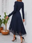 Kadın Uzun Kollu Kare Yakalı Etek Ucu Lazer çiçek Kesim Detaylı Midi Ithal Krep Elbise-2