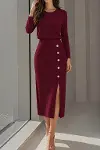 Kadın Uzun Kollu Bisiklet Yakalı Yandan Yırtmaçlı Düğmeli Midi Dar Kesim Ithal Krep Elbise-3