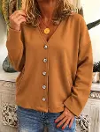 Kadın Düğme Detaylı V Yaka Oversize Camel Ceket / Hırka-2