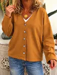 Kadın Düğme Detaylı V Yaka Oversize Camel Ceket / Hırka-1
