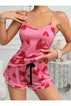 Kadın Pembe Kalp Baskılı Şortlu Gecelik Pijama Takımı 5050-3
