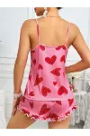 Kadın Pembe Kalp Baskılı Şortlu Gecelik Pijama Takımı 5050-1