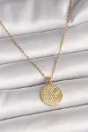 316L Çelik Gold Renk Zincir Zirkon Taş İşlemeli Mavi Taş Detaylı Madalyon Model Kadın Kolye-1