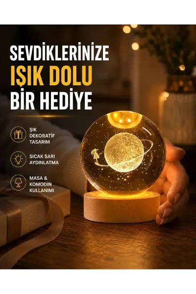 Ahşap Standlı Sarı Işıklı Dekoratif Küre Kız Figürü Tasarım