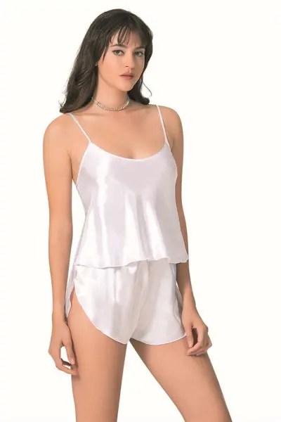 Şık Tasarım Yumuşak Dokulu Beyaz Saten Babydoll Şort Takımı - SSSSSS2914-1481