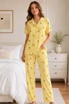 Sarı Limon Desenli Kısa Kollu Gömlek Yaka Milan Kumaş Kadın Pijama Takımı-2