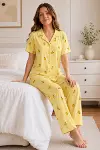 Sarı Limon Desenli Kısa Kollu Gömlek Yaka Milan Kumaş Kadın Pijama Takımı-3